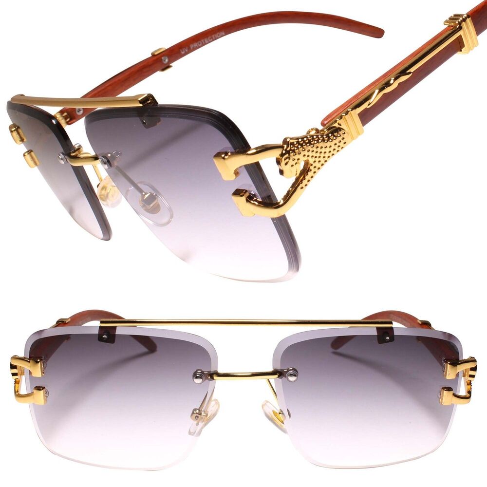 Diamond Cut Lens Gold & Faux Wood Frame Hip Hop Rapper DJ Style Sunglasses